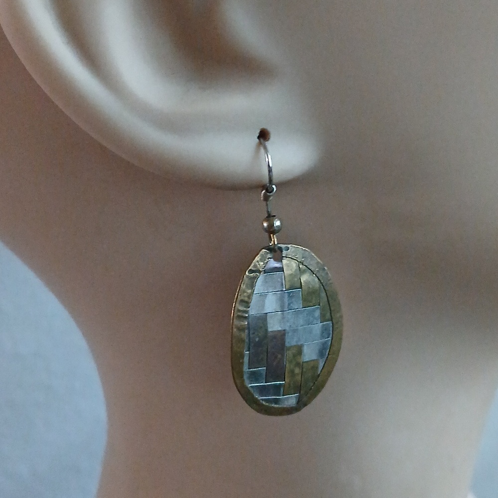 Weave Mixed Metal Earrings Handmade Signed Silver/Copper/Brass